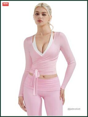 Ribbed V Neck Tie Front Cropped Wrap Top Long Sleeve Yoga Shrug